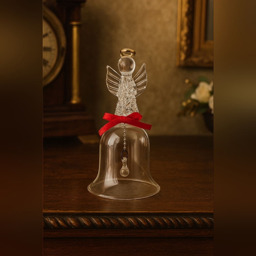 Vintage Clear Glass Angel Bell with Gold Halo & Red Bow – Holiday Christmas